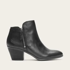 Frye Judith Leather Block Heel Almond Toe Zip Ankle Bootie Black 7